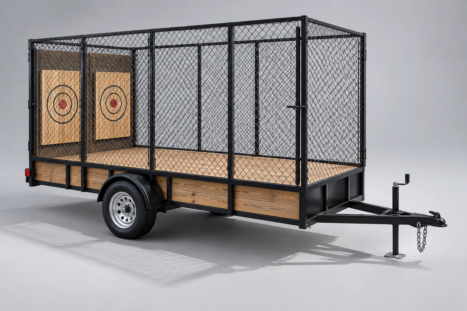 Rendered Mobile Axe trailer with steel mesh enclosure and wooden targets